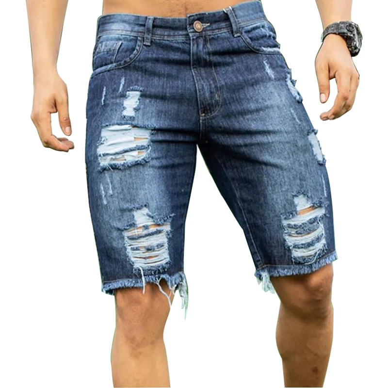 Summer Thin Ripped Denim Shorts Men\'s 5-cent Pants Korean Style Slim Trend 5-cent Pants Men\'s Mid-pants Summer Beggar\'s Breeches