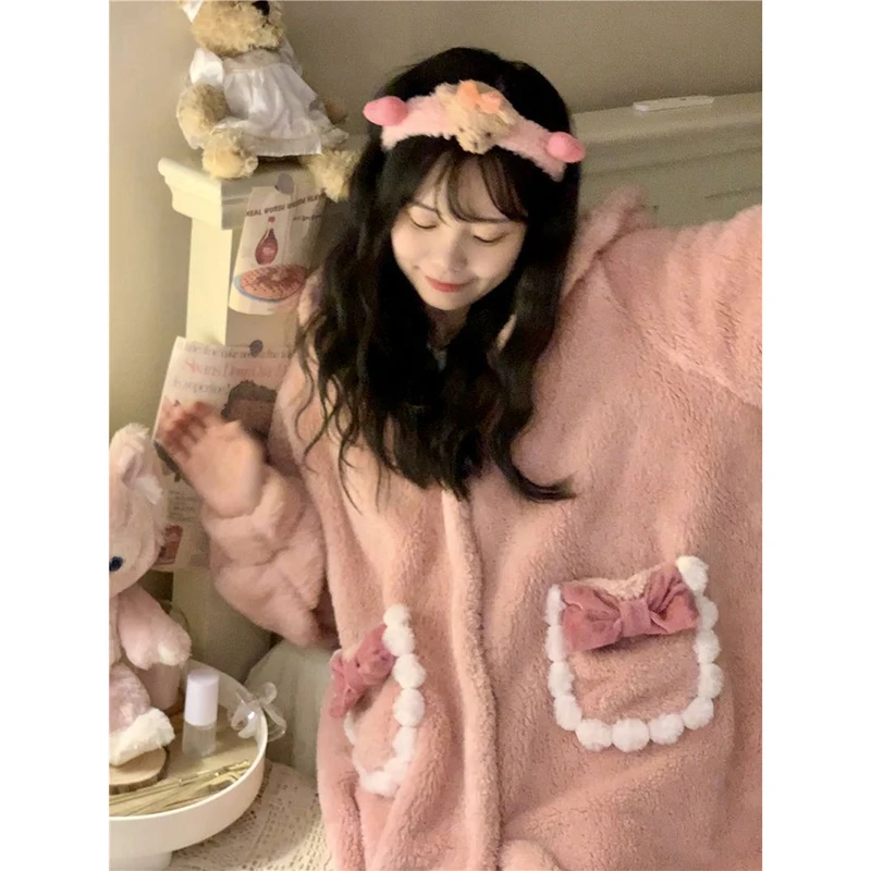 Bow Robe for Women Sleepwear Nightdress Winter Night Wears Warm Fleece Pajama One Piece Nightgown Pocket Long Sleeve Homewear