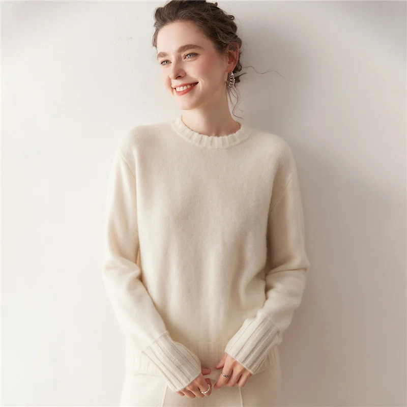 

Осень-зима, женский свитер из 100% кашемира, элегантный свободный пуловер с круглым вырезом, топы, толстая теплая блузка, вязаный кашемировый свитер для женщин