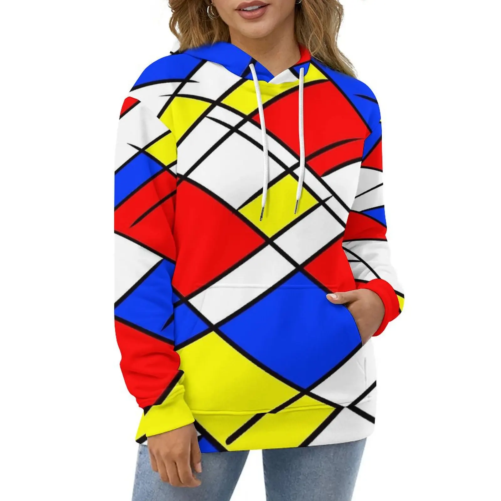 Rood Geel En Blauw Mondriaan Hoodies Harajuku Oversized Pullover Hoodie Paar Lange Mouwen Ontwerp Casual Hoody