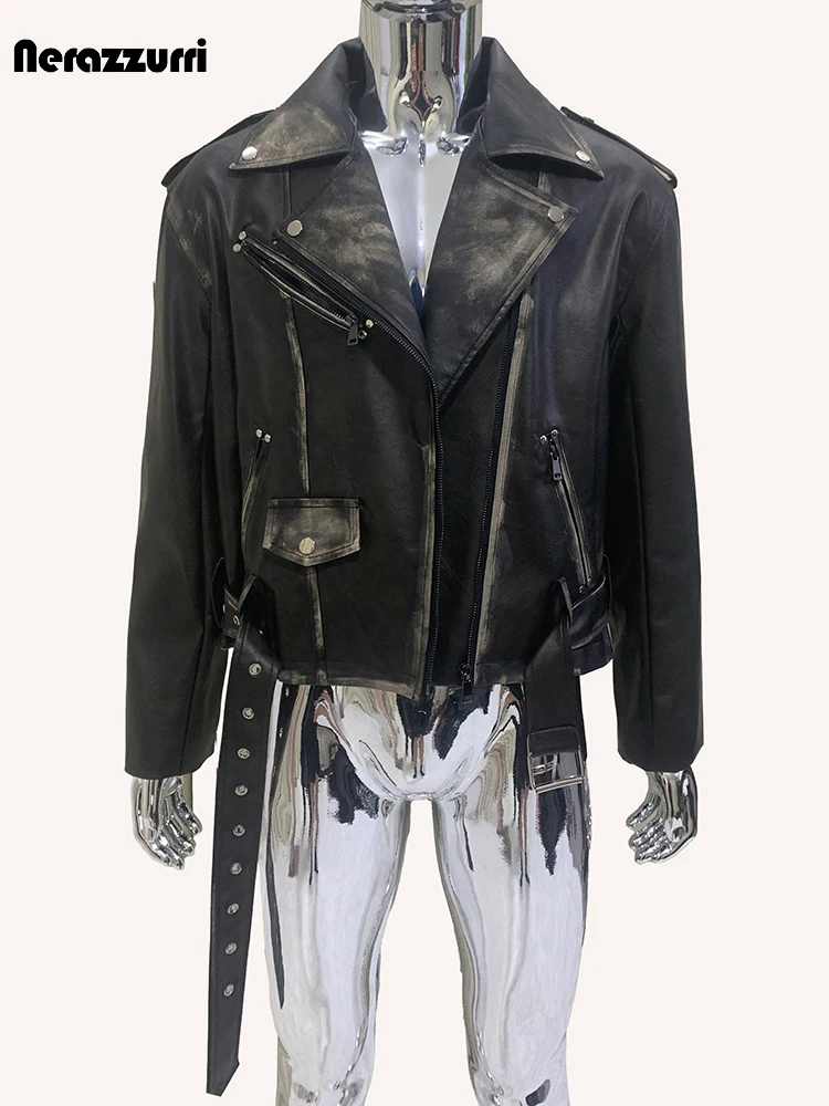 Nerazzurri Autumn Cool Handsome Short Distressed Black Thick Warm Pu Leather Moto & Biker Jacket Men Luxury Designer Clothes