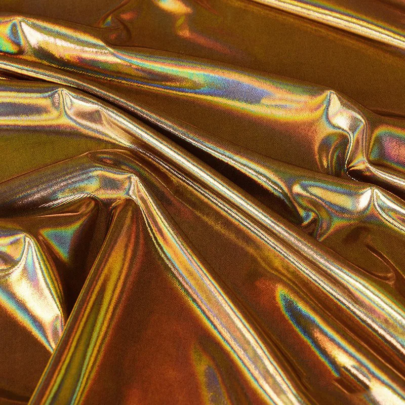 Laser Symphony Fog Gold Fabric Thin Shiny Bright Stretch Glare Bronzing Dress Performance Dance Costume Background Fabric