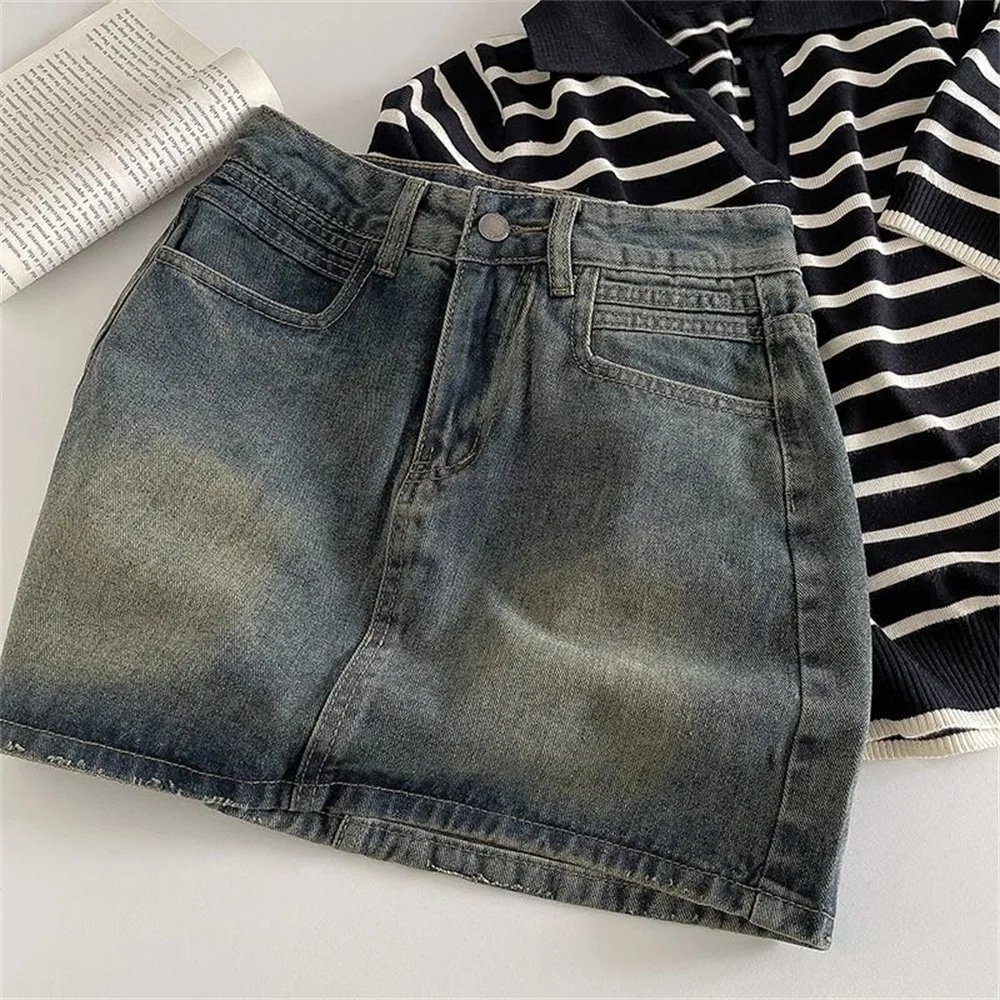 2024 Spring New Women High Belt Anti-exposure Short dress Retro Dark Fashion Solid color Short A Word Denim Skirt