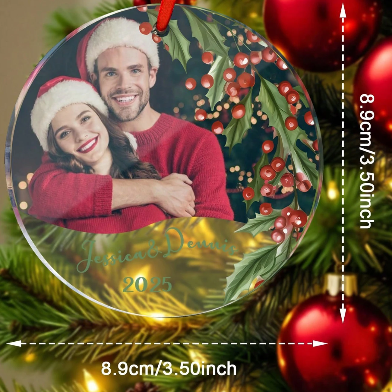 Custom Round Acrylic Christmas Ornament, Upload Personal Photo, Custom Name & Year, Holly Berry Print, Xmas Tree Pendant, Couple