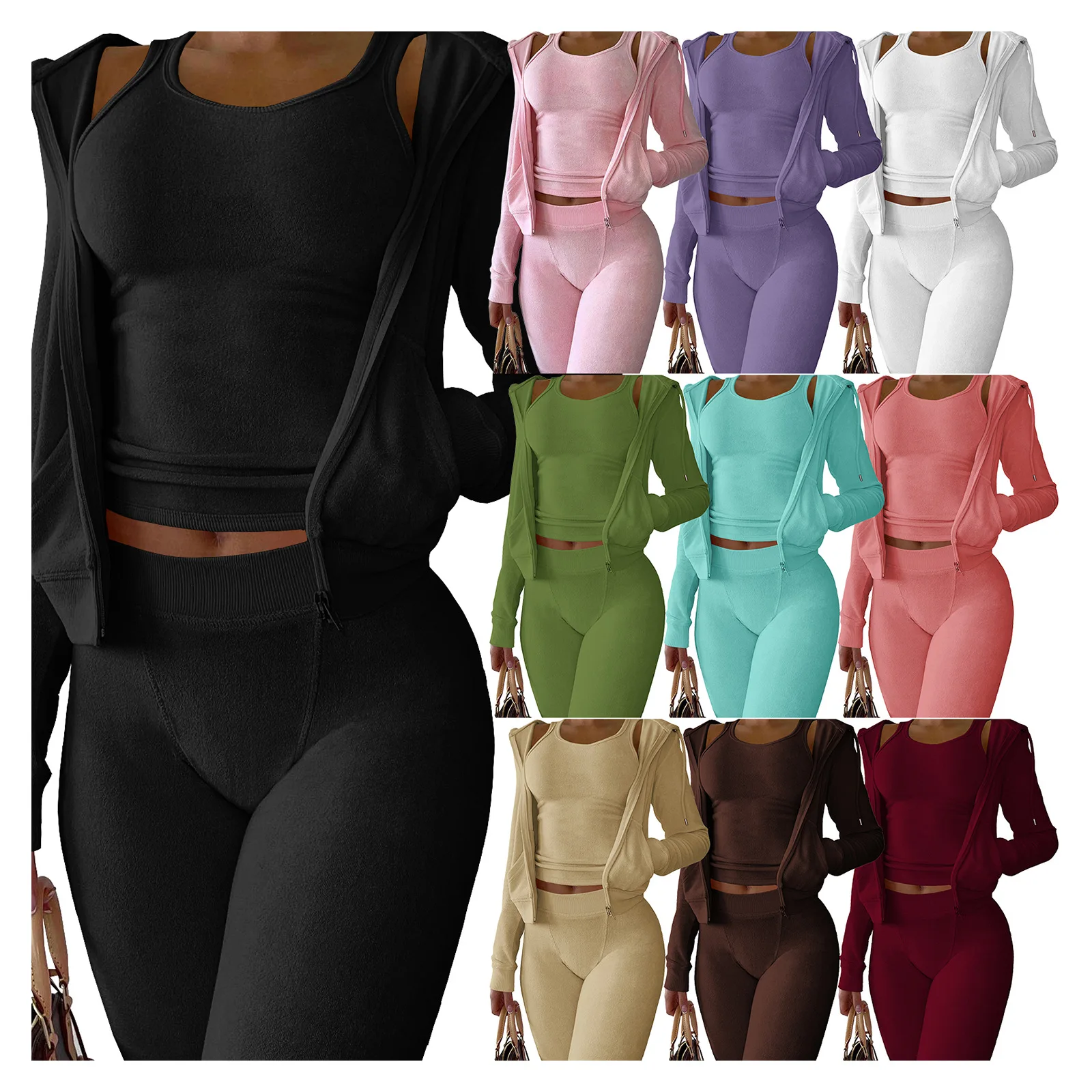 

Fall Winter Casual Hoodies Sweatshirts Cotton Terry Toweling Bodysuit Tracksuits Women'S Vest Short Sweatshirt Pants 3 Piece Set