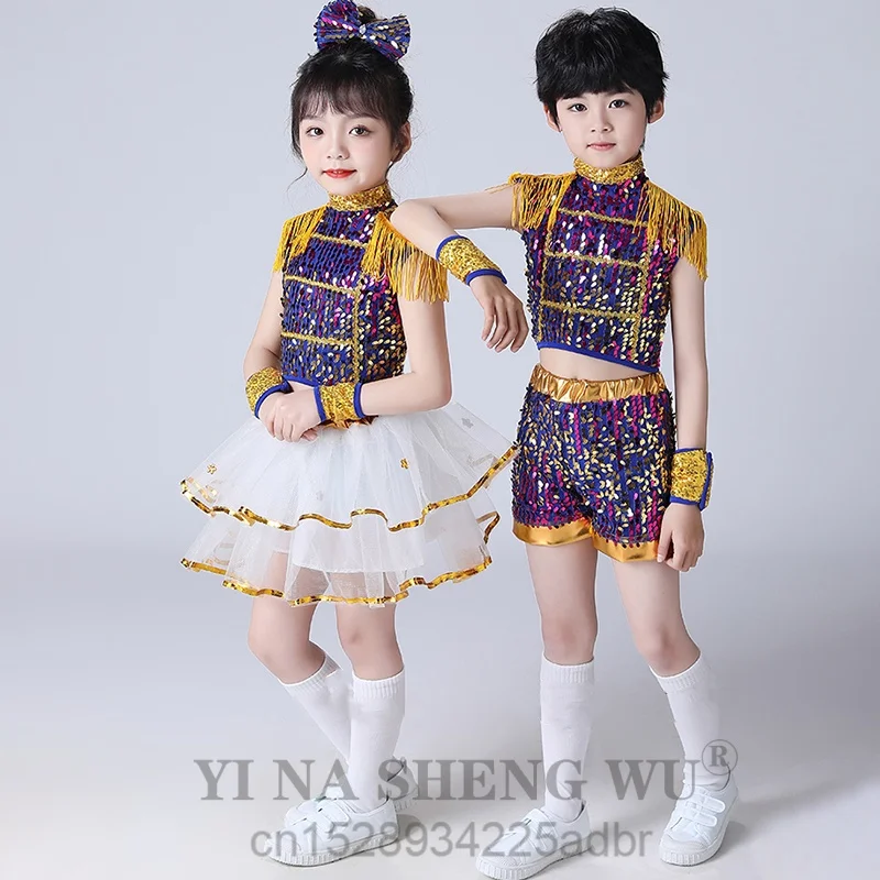 

Детский современный танцевальный костюм с блестками, комплект одежды для джазовых танцев для девочек и мальчиков, детский танцевальный наряд, сценический костюм, платье болельщика