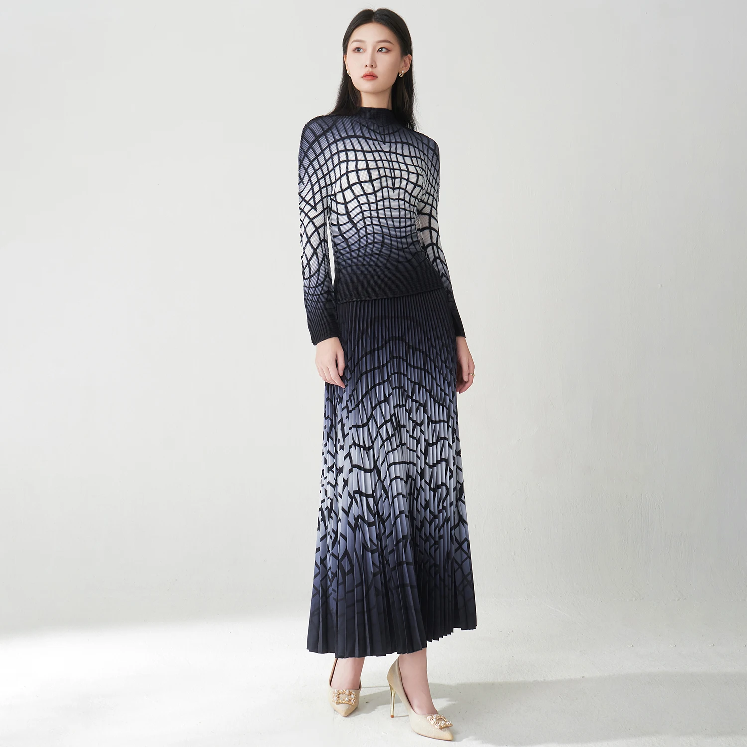 Pengiriman Cepat Set Miyake Lipit Desainer Atasan Lengan Panjang dan Rok Set Motif Kasual Set Elegan Wanita