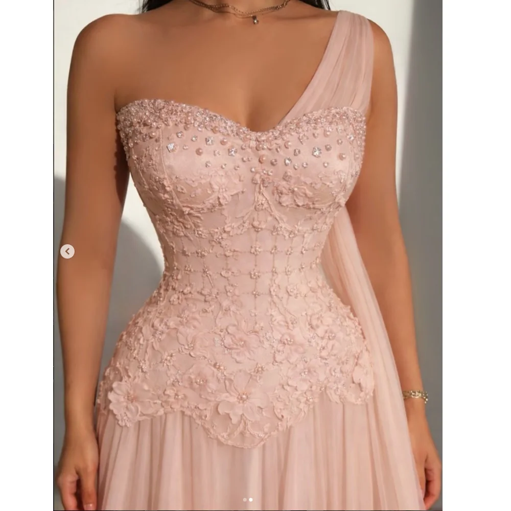 Customized A-line Women's Evening Dresses Floor-length One-shoulder Sleeveless Prom Gown Fashion Crystal Beading Draped Gowns