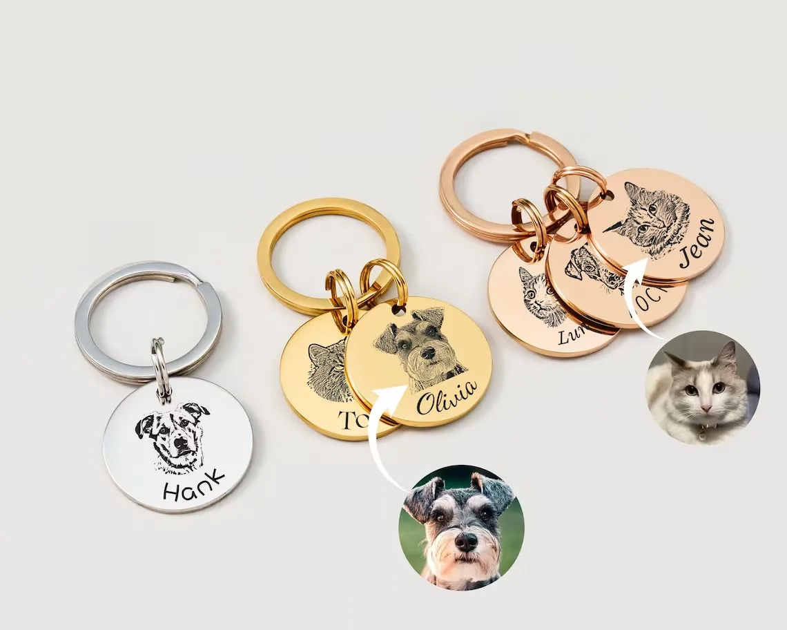 Custom Engraved Pet Portrait Stainless Steel Keychain, Personalized Dog Cat Memorial Sketch Tag Gift for Pet Lovers view 3