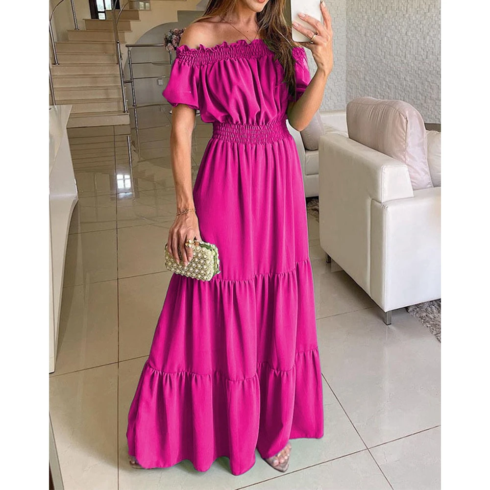 

Women Shirring Maxi Party Dresses Femme Summer Off The Shoulder Ruffles Short Sleeve Streetwear Casual Outfits Evening Wear