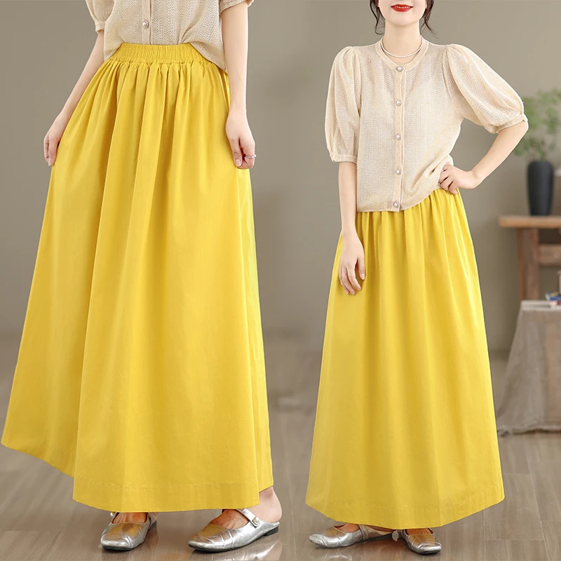 

Summer New Yellow A-Line Long Skirt High Waist Ankle-Length Slimming Belly Covering Half Body Skirt Simple Commute Style