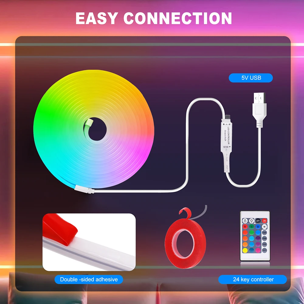5V RGB neon lights with Bluetooth intelligent control 24 key remote control bedroom e-sports room atmosphere decoration lights