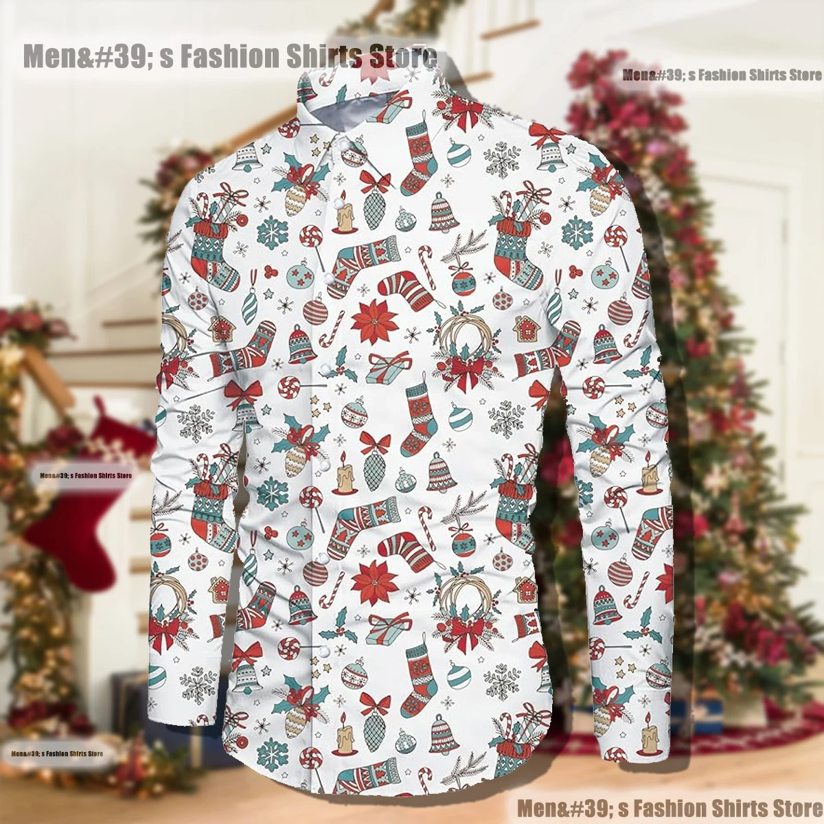 Christmas tree pattern series men's lapel button long sleeve shirt casual holiday street loose versatile comfortable shirt