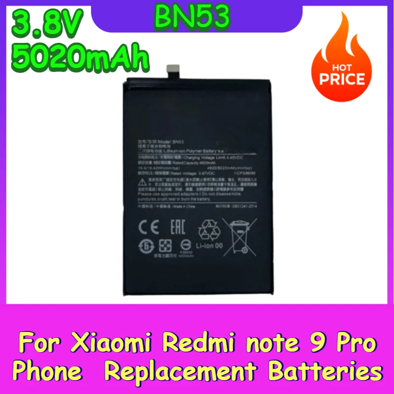 

New Replacement Mobile Phone Battery Battery BN53 3.8V 5020mAh For Xiaomi Redmi note 9 Pro Phone Replacement Batteries