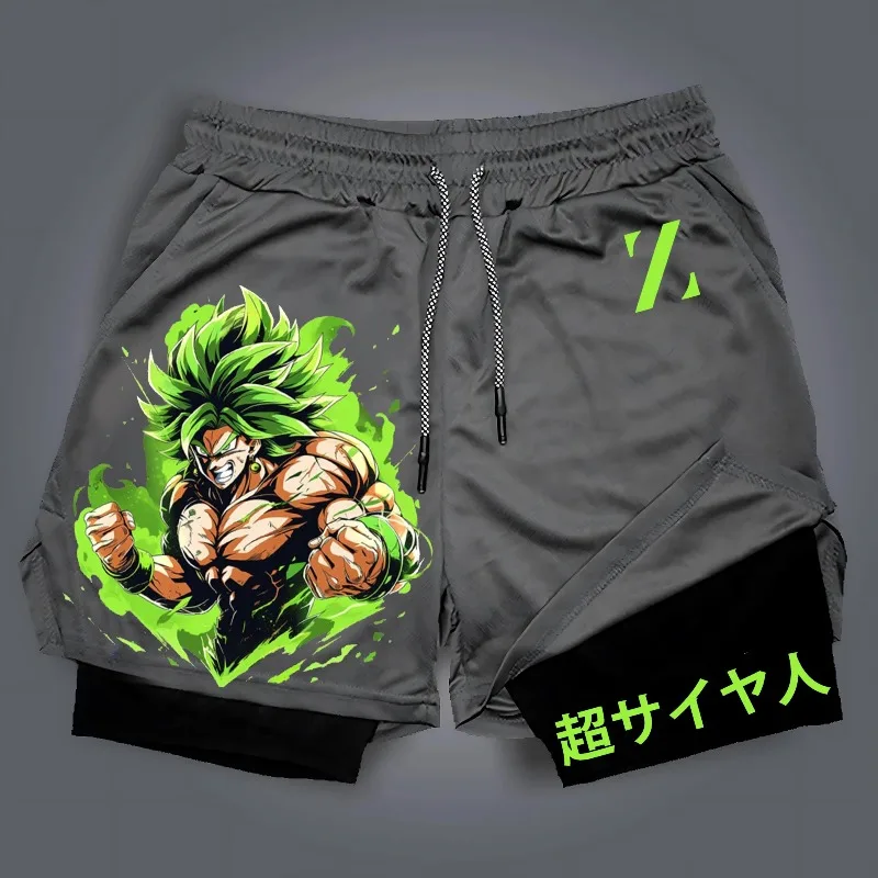 Pantaloncini estivi a due piani da uomo Anime giapponesi Dragon Ball Z Broli Graphic GYM Pantaloncini ad asciugatura rapida con tasche Pantaloni corti 2 in 1