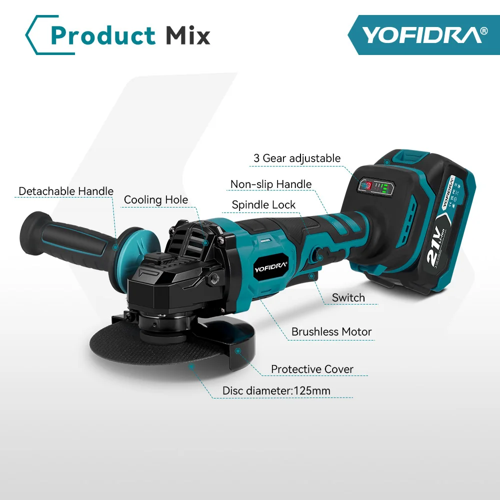125mm Brushless Angle Grinder 3 Gears Cordless Efficient Metal Wood Grinding Polishing Cutting Tool For Makita 21V Battery Pin