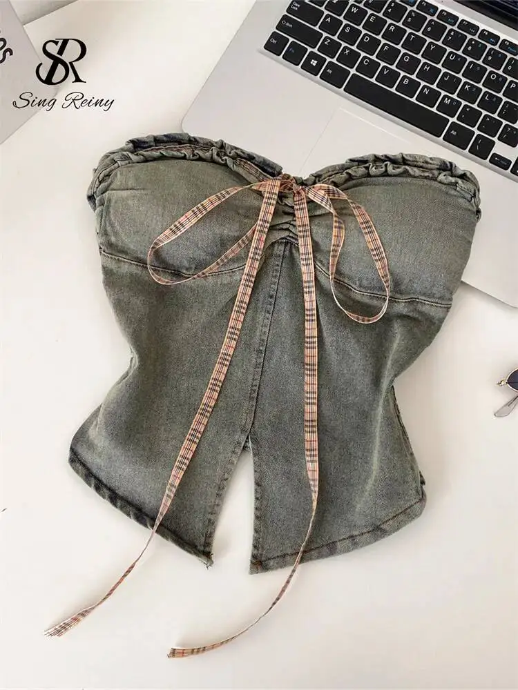 Retro Denim Tank Top Strapless Split Bow Shirred Distressed Ladies Mini Bustier  Summer Hotsweet Workwear Crop Top