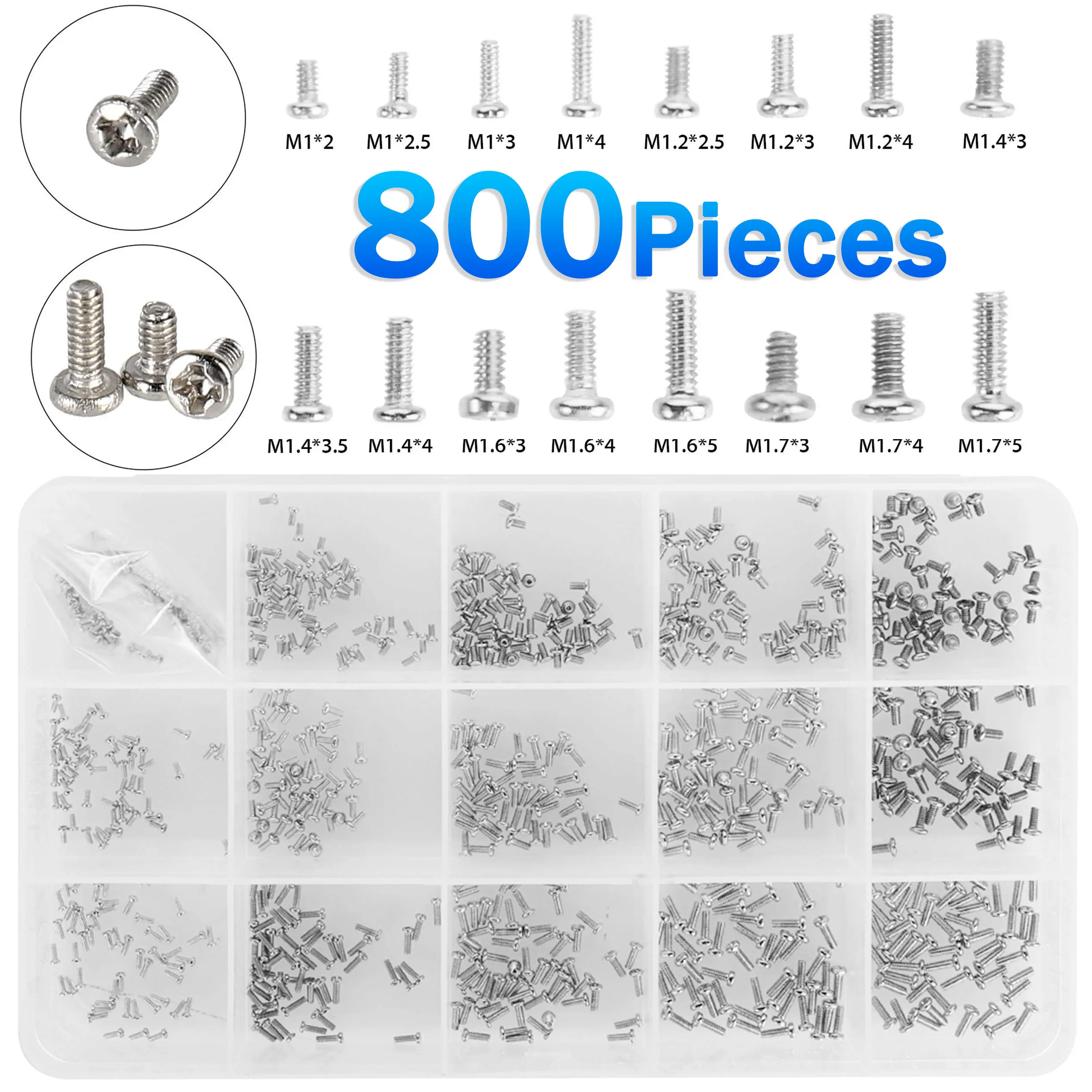 Kit surtido de microtornillos 800 Uds M1 M1.2 M1.4 M1.6 M1.7 tornillos de máquina de cabeza Phillips para reparación electrónica acero Nickel