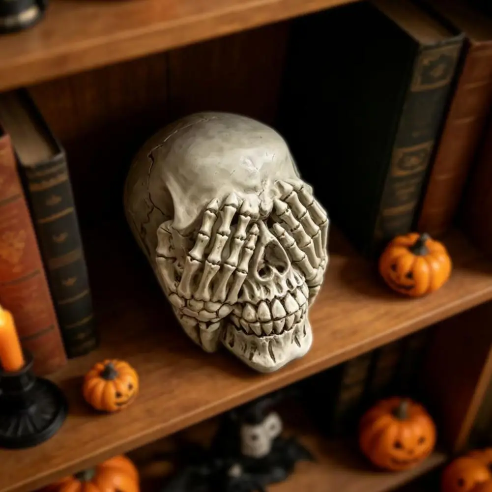 Halloween Skull Figurine, Hear See Speak No Evil Skeleton Head Statue, Gothic Resin Home Decor for Desk, Bookshelf, Mantel,