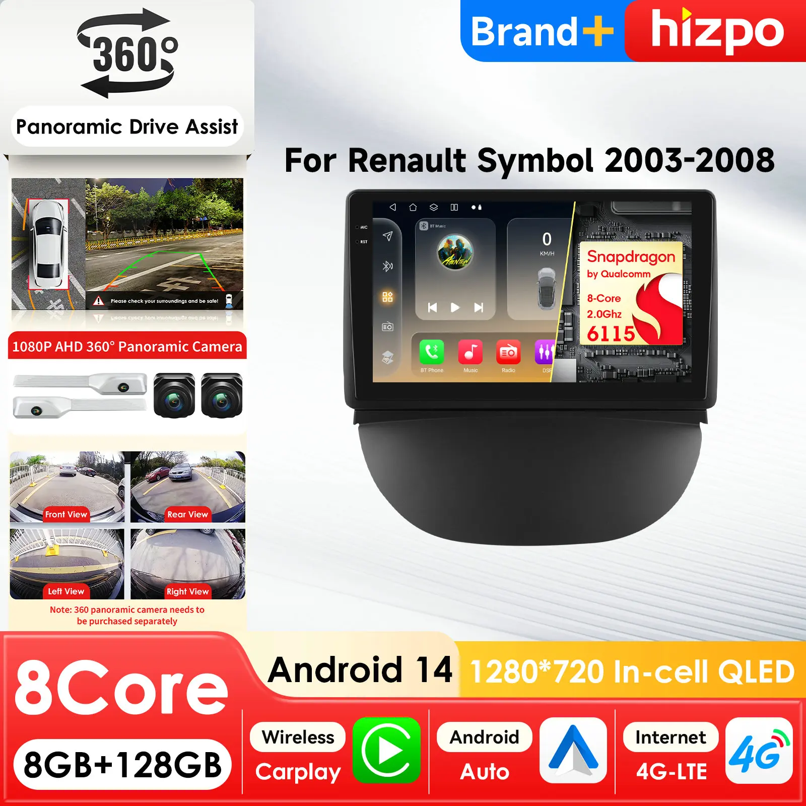 Lecteur multimédia automobile Android intelligent à écran stéréo Hizpo AI pour Renault Symbol 2003-2008 GPS Carplay 4G HeadUnit Snapdragon