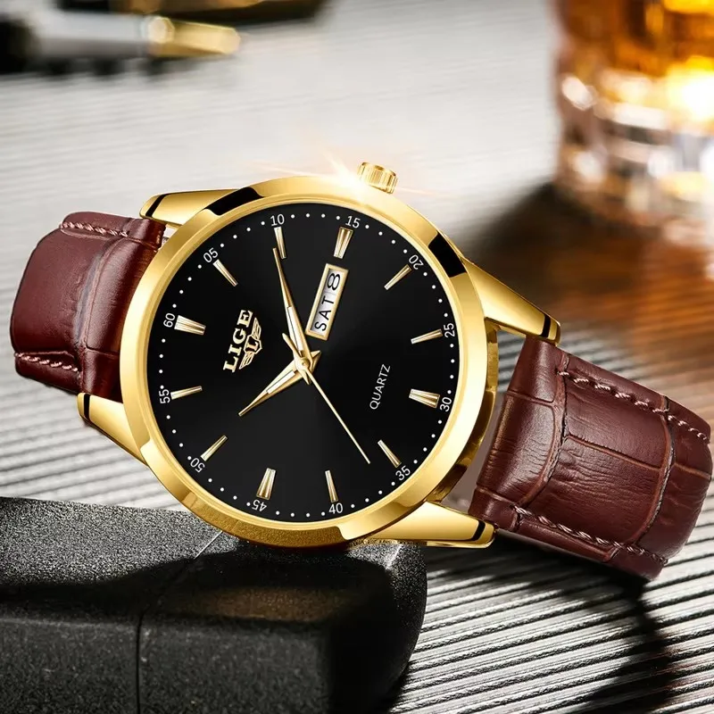 LIGE Orologi alla moda da uomo Orologio al quarzo di lusso delle migliori marche Cinturino in pelle da uomo Orologio da polso da uomo casual da lavoro impermeabile
