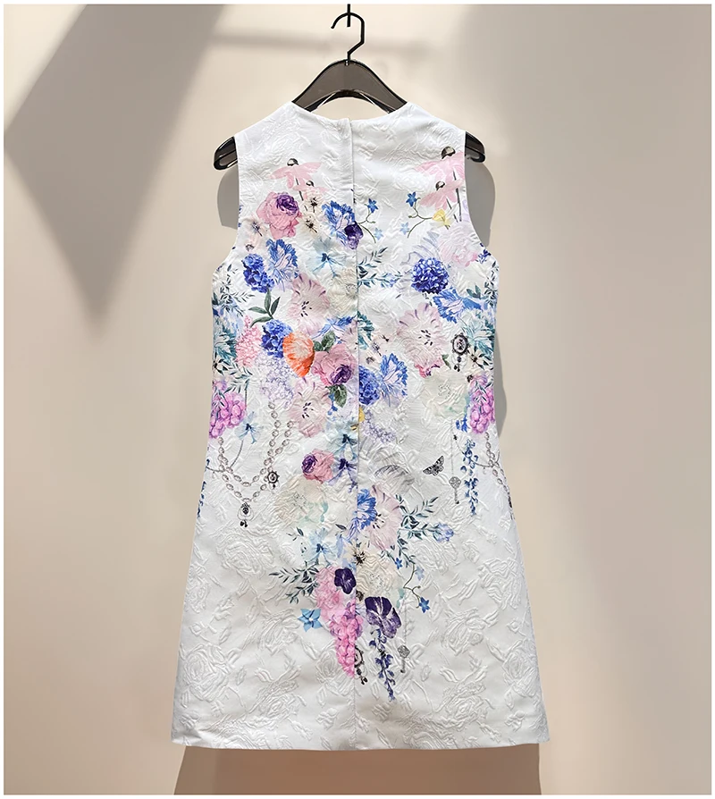 Chinese Style Heavy Industry Bead Diamond Print Party Dress Round Neck Sleeveless Elegant Socialite Tank Mini Dress Women Summer