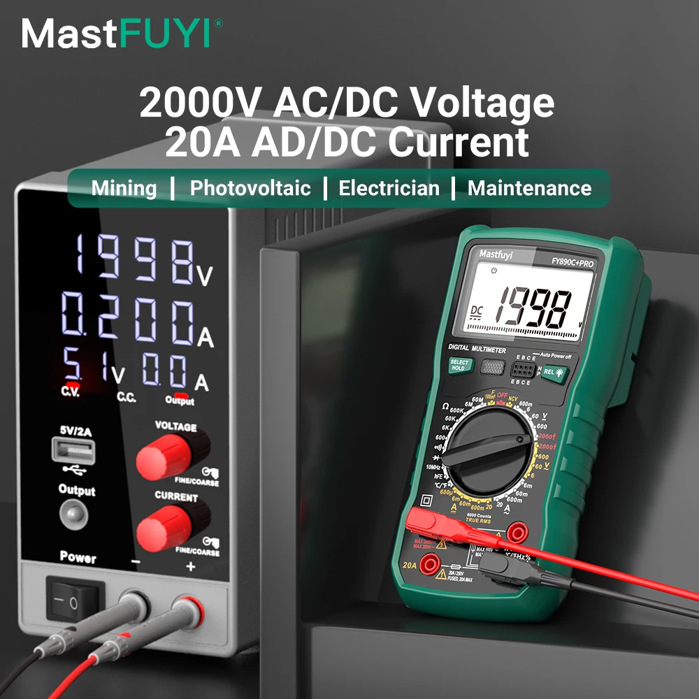 MASTFUYI 2000V/20A 6000 Counts True RMS Photovoltaic Digital Multimeter Ohm, Hz, Capacitance, Diode Tester and NCV Test Tools