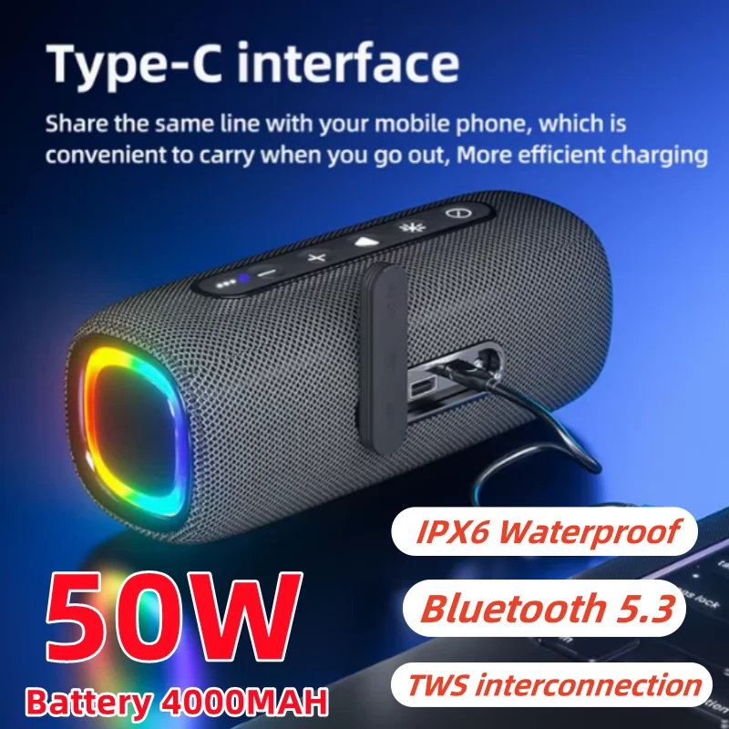 

50W 4000mAh Wireless Speaker Bluetooth 5.1 With RGB Light Outdoor Portable Waterproof Stereo Muisc Boombox Caixa De Som Soundbar