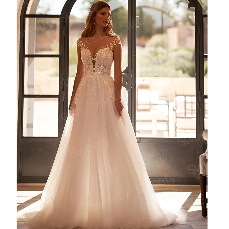 Vestido De novia sencillo De Organza con bordado, corte en A, largo hasta el suelo, vestido De novia sin mangas con cuello redondo, bata De novia a tope