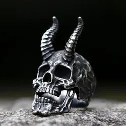 NEW Men's 316L stainless-steel rings Satanic Skull Horn Ring For Men Heavy Punk Goth Demon Jewelry Gifts Dropshipping