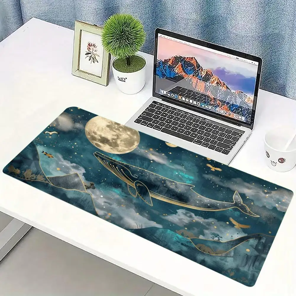 Whale Constellation Extended Gaming Mouse Pad Non‑Slip Desk Surface Starry Ocean Golden Marine Art Print For Gaming Setup