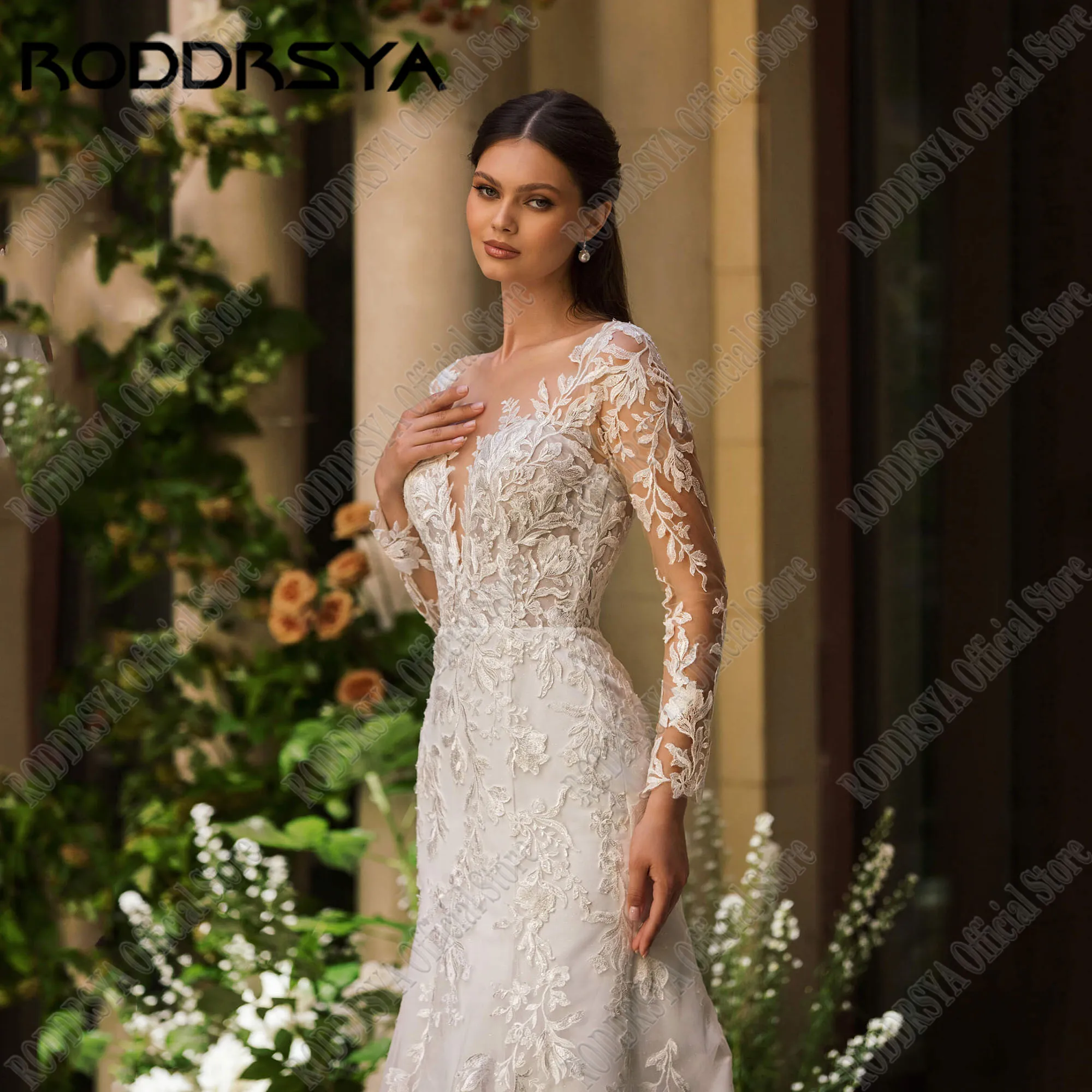 RODDRSYA Lace Mermaid Wedding Dresses Appliques O Neck Bride Gown Long Sleeve Boho Bridal Dress Customized vestidos de novia image 4