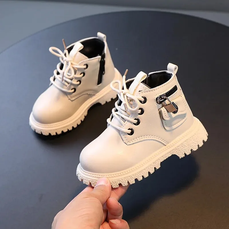 

Children Autumn Winter Fashion Leather Boots Girls Soft Soled British Short Boots Boys Side Zipper Single Boots Front Lacing