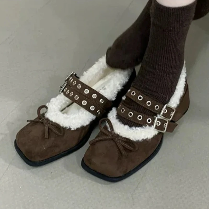 الفراء القوس عالية الكعب المرأة ماري جين أحذية مصمم مكتنزة الجلد المدبوغ أحذية 20226 جديد شتاء دافئ أحذية قطنية مضخات Mujer Zapatos
