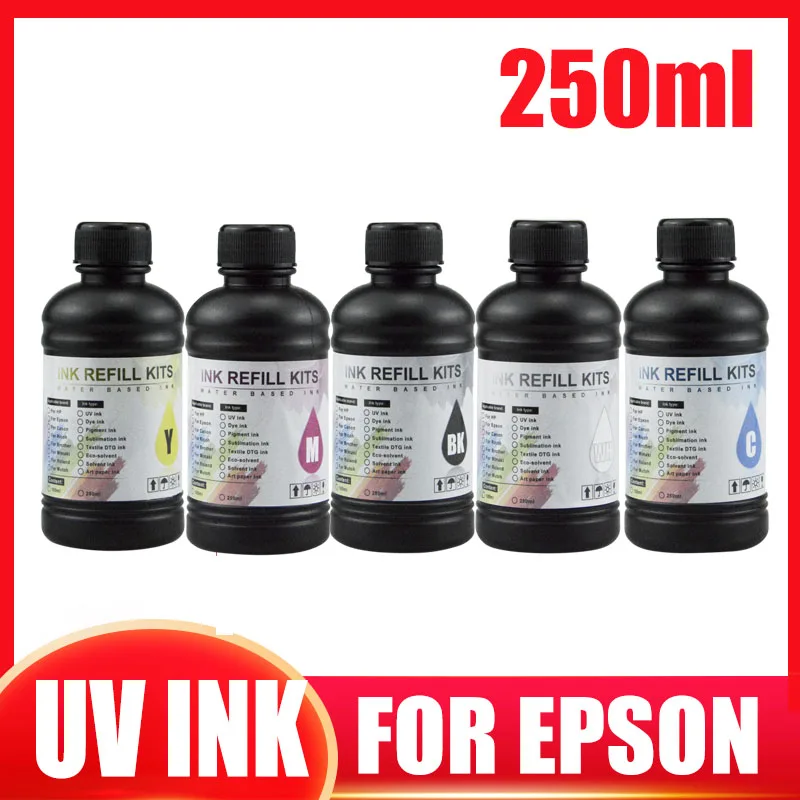 250ML/Bottle UV Hard ink CMYK White LED UV Ink for EPSON R1390 R2000 R1900 T50 L805 L800 L1800 For DX4 DX5 DX6 DX7 TX800 XP600