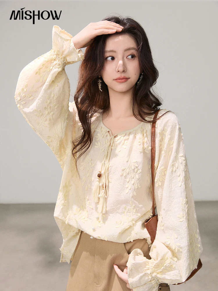 

MISHOW Women's Tassel Tie Neck 100 Cotton Blouse 2026 Spring Leaf Embroidery Puff Sleeve Casual Loose Beige Shirt MXF14X2575