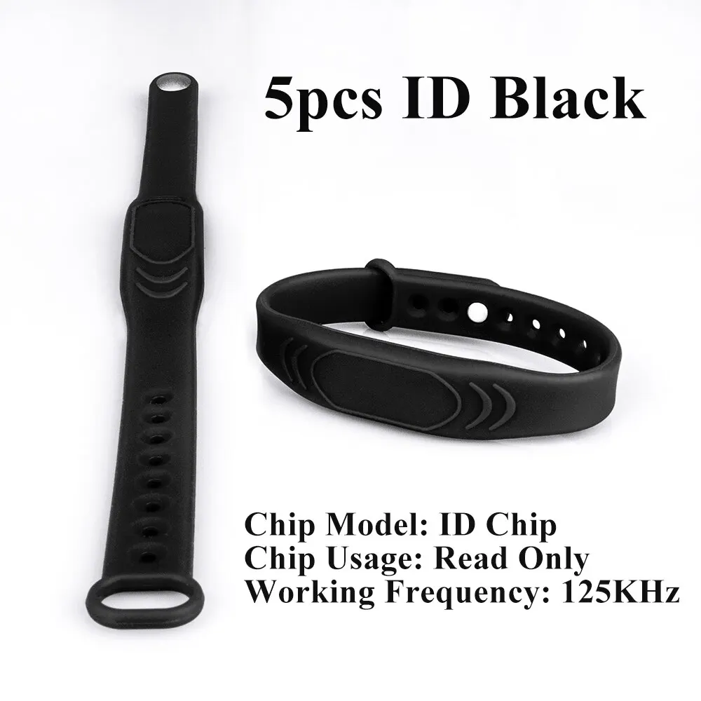 Adjustable 5PCS Pure Black Silicone RFID Wristband 125KHz/13.56MHz TK4100/IC/T5577/UID 4 Chip Optional Waterproof Bracelet