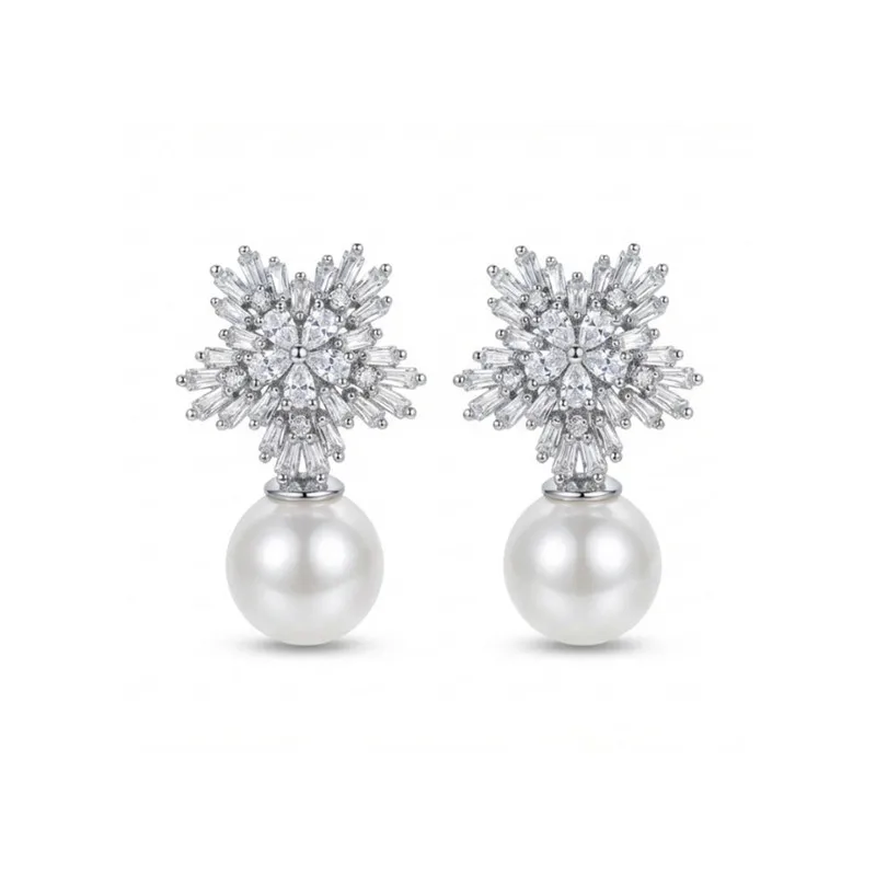 

Pearl Drop Earrings Cubic Zirconia 316L Stainless Steel Hypoallergenic Tarnish Free Snowflake Elegant Jewelry For Women Murmur