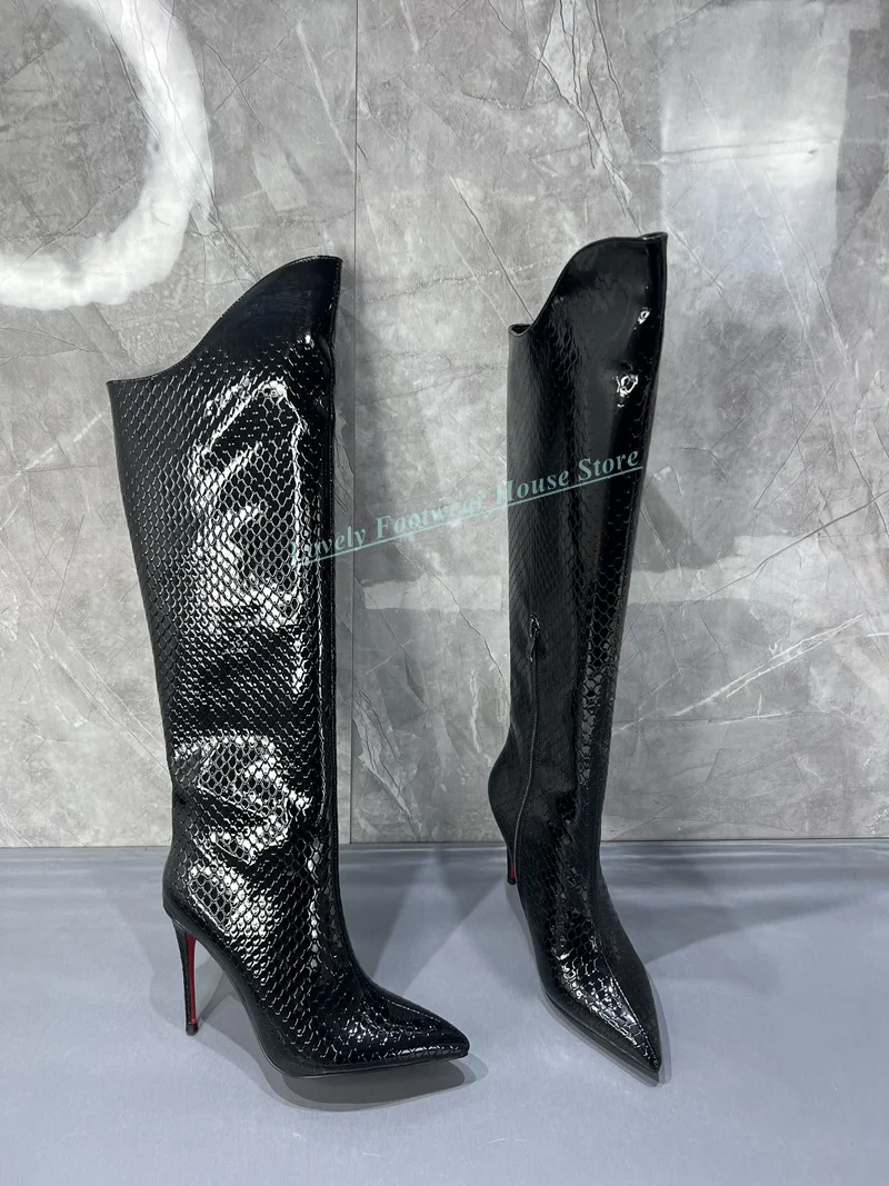여성 패션 블랙 정품 가죽 스틸레토 힐 무릎 높은 부츠 여성 뾰족한 발가락 사이드 지퍼 롱 부츠 신발