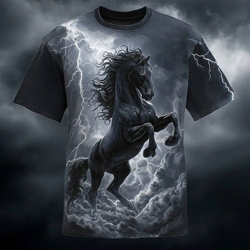 Lightning Black Horse 3D Men's T-shirts Novelty Wild Animal Print T-shirt Fashion Street Style Short Sleeve Tops Summer Clothing