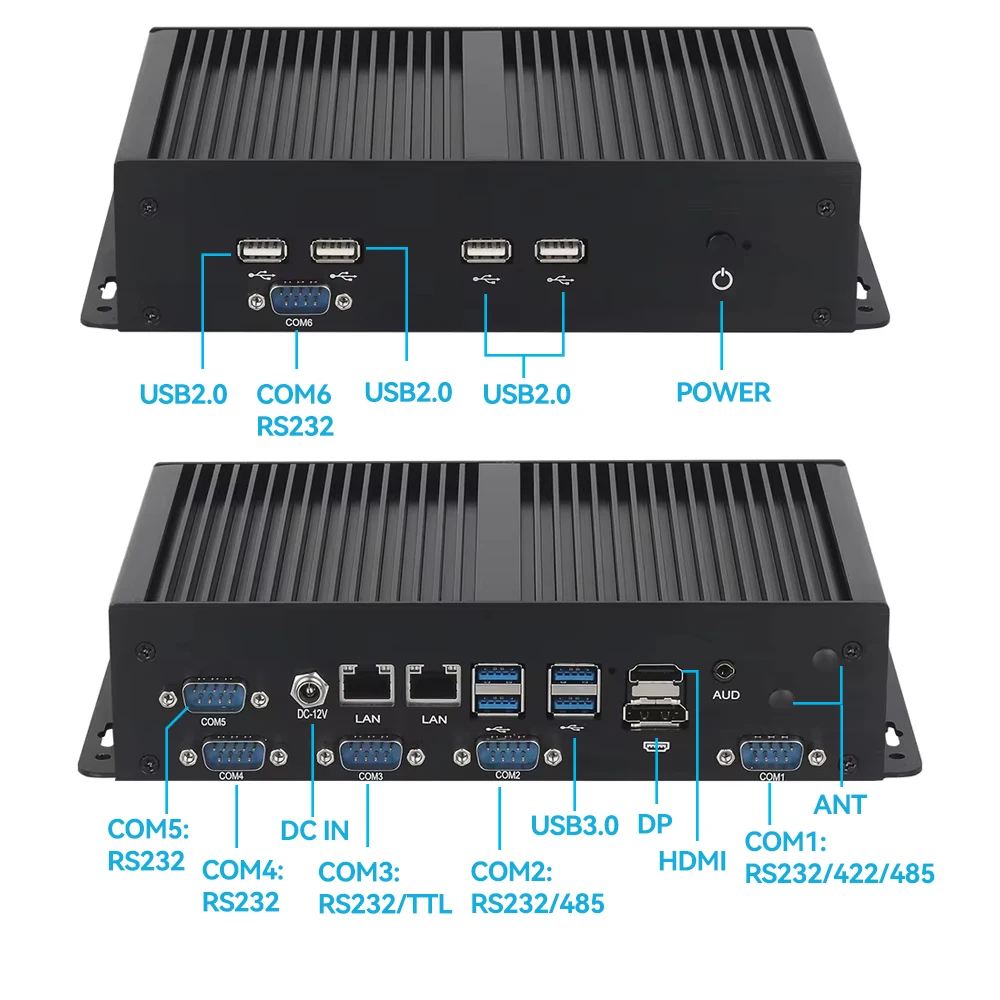 Industrial PC Intel Core 8th 10th Gen Processors 6x COM RS232 RS485 RS422 TTL  2x Ethernet 8x USB Windows10/11 Linux WiFi 4G LTE