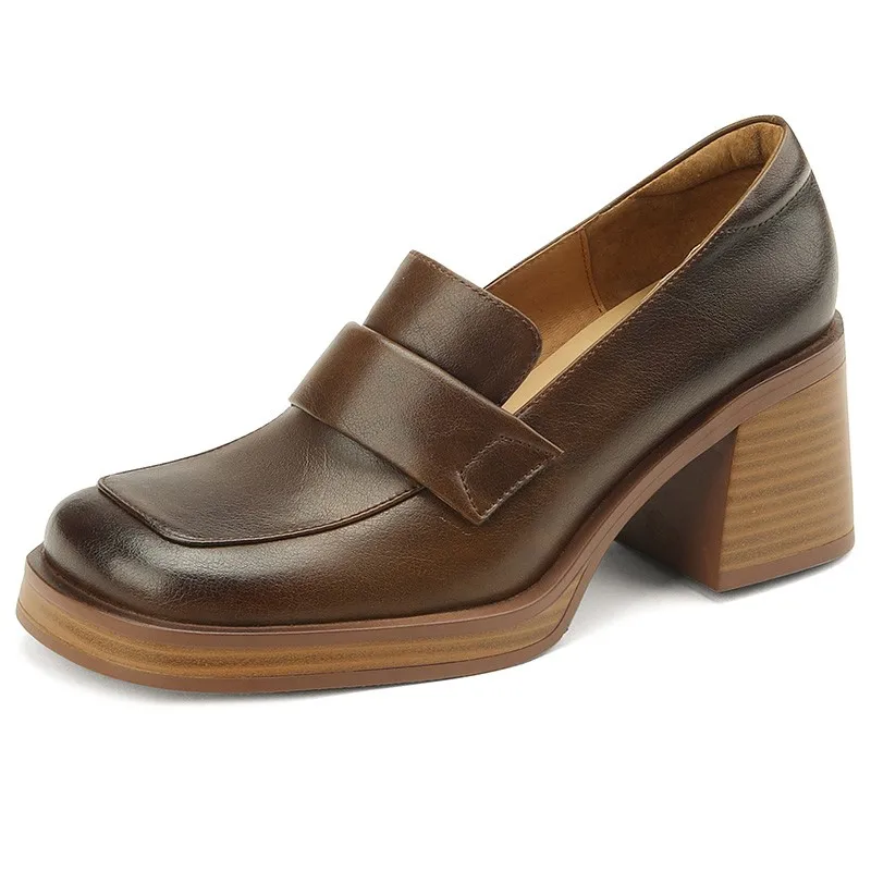 Nieuwe Mode Loafers Dikke Damesschoenen Bruin Leer Pumps Met Hoge Hakken Luxe Dameshak Platform Britse Stijl Damesschoenen