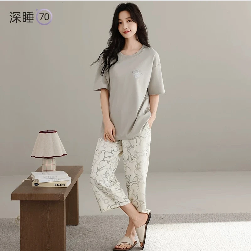 Women's sleepwear with chest cushion 2026 new summer Modal cotton short sleeved cropped pants, suitable for outdoor home wear in