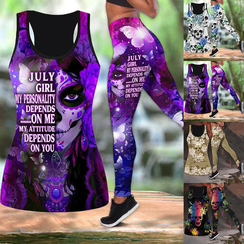 

Summer Cool LadiesFloral Skulls Tanktop & Legging Outfit for Women Yoga Sports Pants Sweatpants Leggings Cut Suit XS-8XL