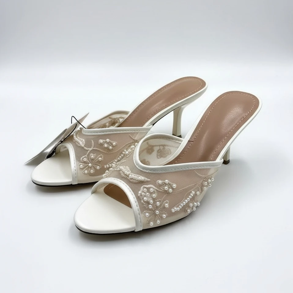 Women Heeled Mules Pearl Embroidered / Elegant Evening Pumps / Mesh Slip On Sandals / High Heel Dress Shoes / Gala Party Wear