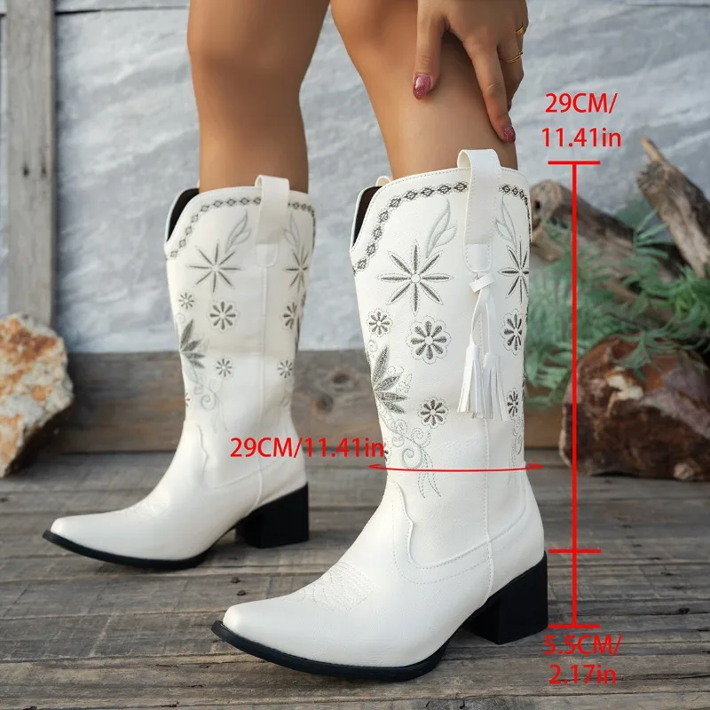 Vintage Pointed Toe Embroidered Casual Women's Knee High Boots 2026 Fashion Solid Chunky Heel Outdoor Comfort Women Boots