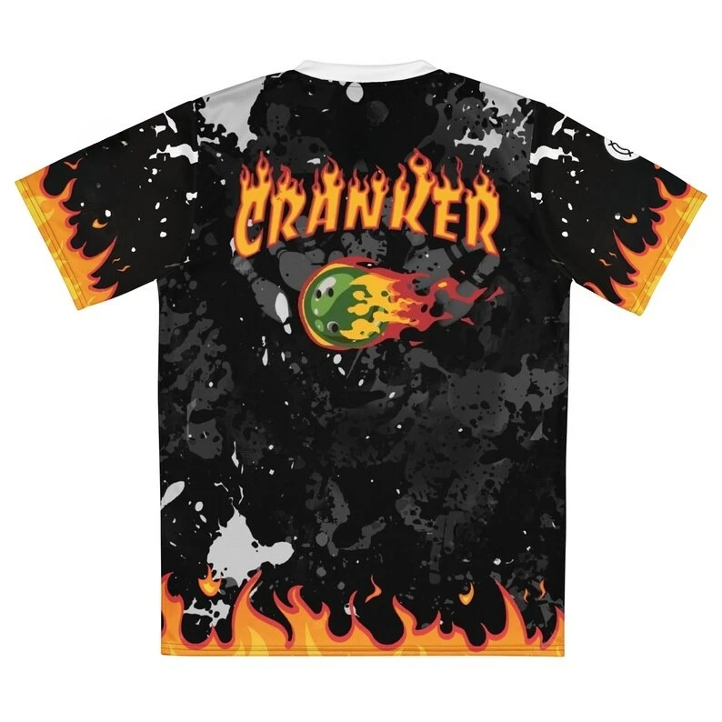 Men Black Splatter V Neck Bowling Jersey  Cranker Flame Bowling Ball Pin Graphic Front Back Full Print Quick Dry Sports Tee