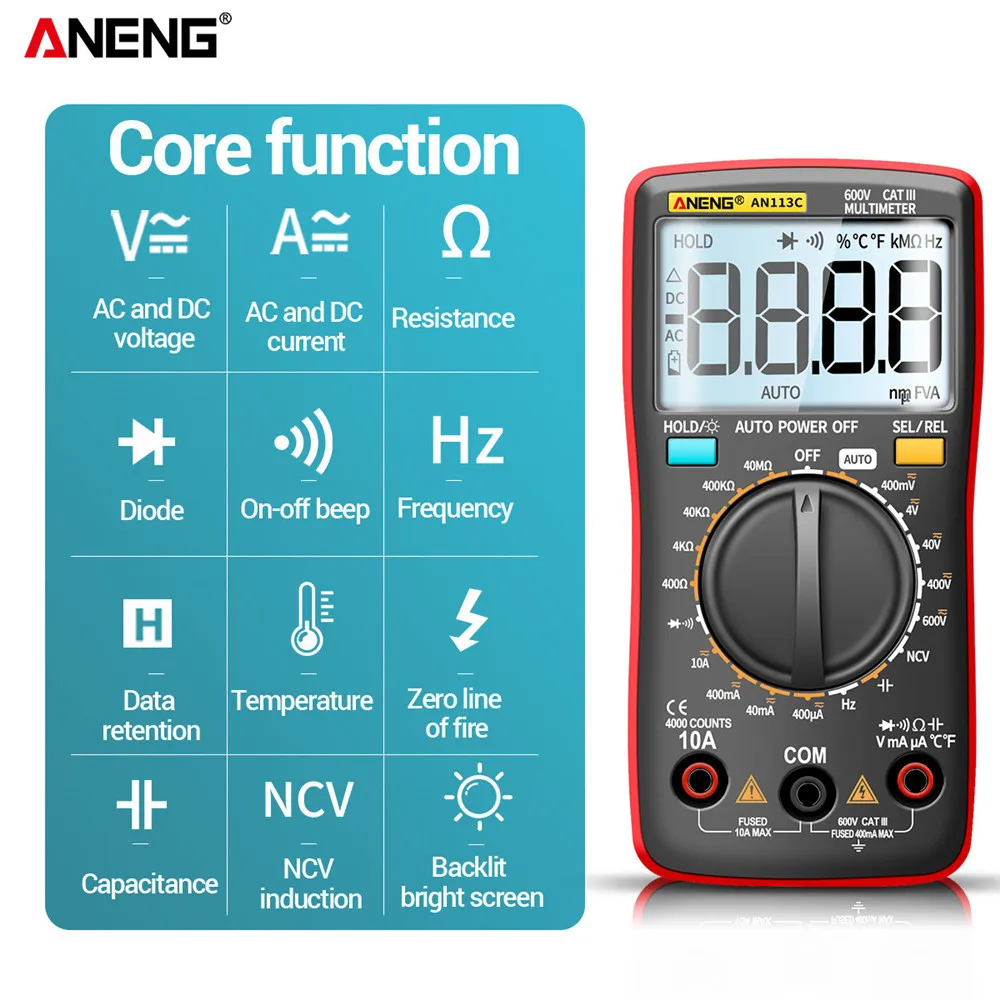 ANENG AN113C/E 4000 liczy cyfrowy profesjonalny multimetr Eletric automatyczna klimatyzacja/napięcie prądu stałego Tester prądu Ohm amperomierz