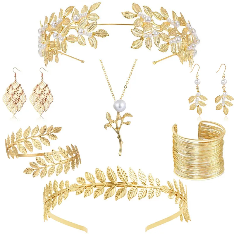 FTCY Vintage Griechisches Schmuckset für Frauen, goldfarben, Armbänder, Ohrringe, Kopfbedeckung, Set im Barockstil, verstellbar, Damenschmuck, Geschenke – Detail 8