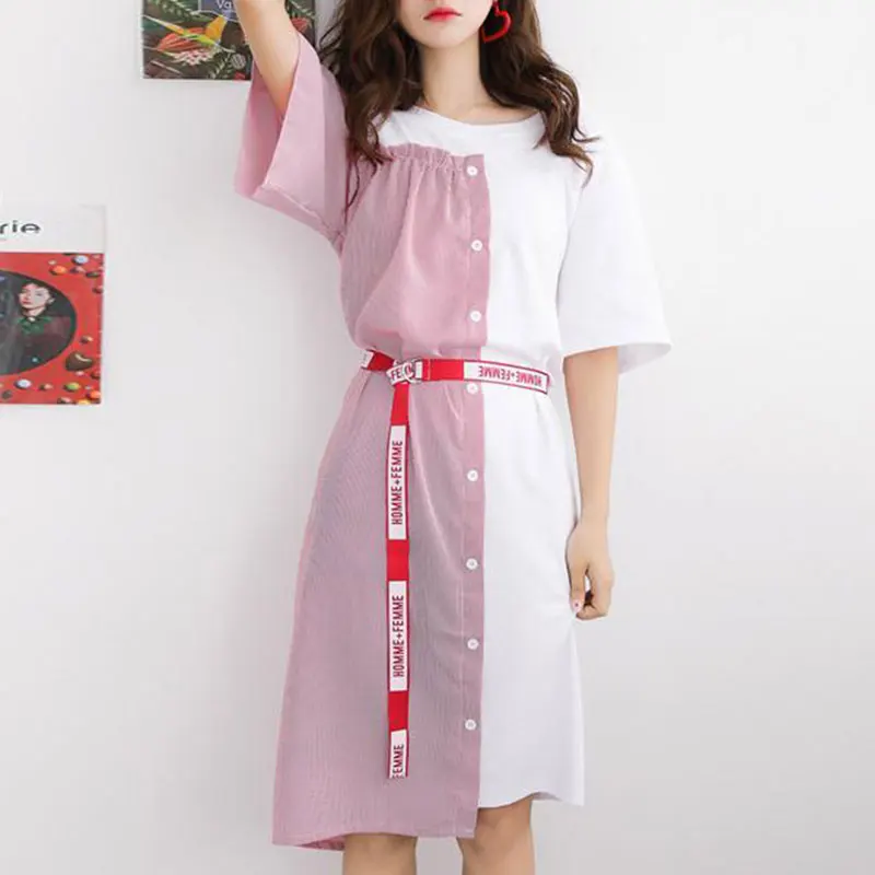 

Women O-Neck Short Sleeve Dress Korean Fashion Simplicity Patchwork Casual Clothes, Trend Lively Preppy Style A-line Skirt Summe